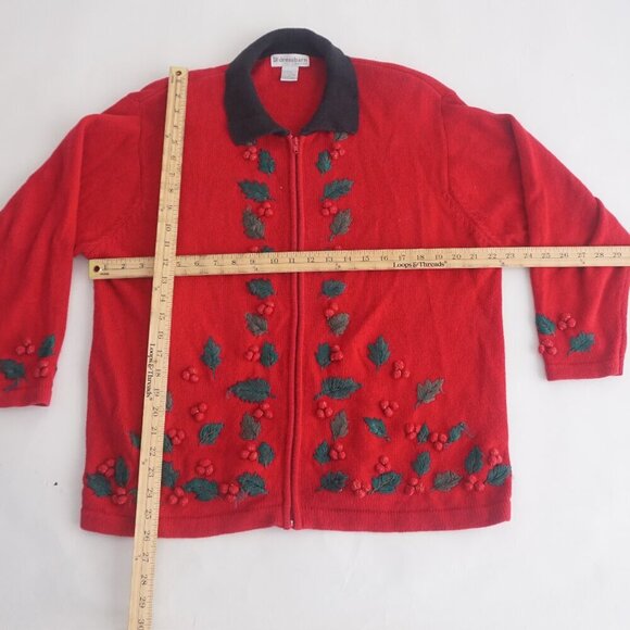 Vintage Dress Barn Red Black Embroidered Mistletoe Zip Knit Cardigan Sweater 18 - Picture 4 of 10